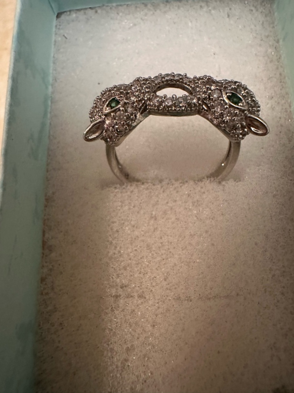Silver Double-Headed Cat  Ring with Green Accent Stones - Picture 10 of 10